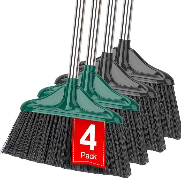 4 PCS Heavy Duty Broom Outdoor/Indoor Commercial Broom with 61" Long Handle,Perfect for Home Garage Kitchen Office Lobby Room Floor,Black and Green - Image 1