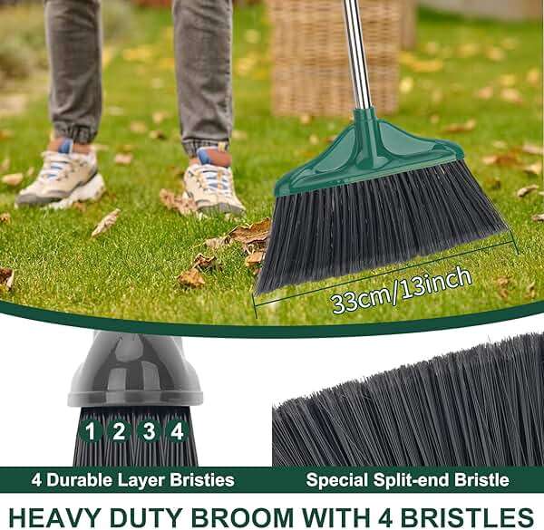 4 PCS Heavy Duty Broom Outdoor/Indoor Commercial Broom with 61" Long Handle,Perfect for Home Garage Kitchen Office Lobby Room Floor,Black and Green - Image 5