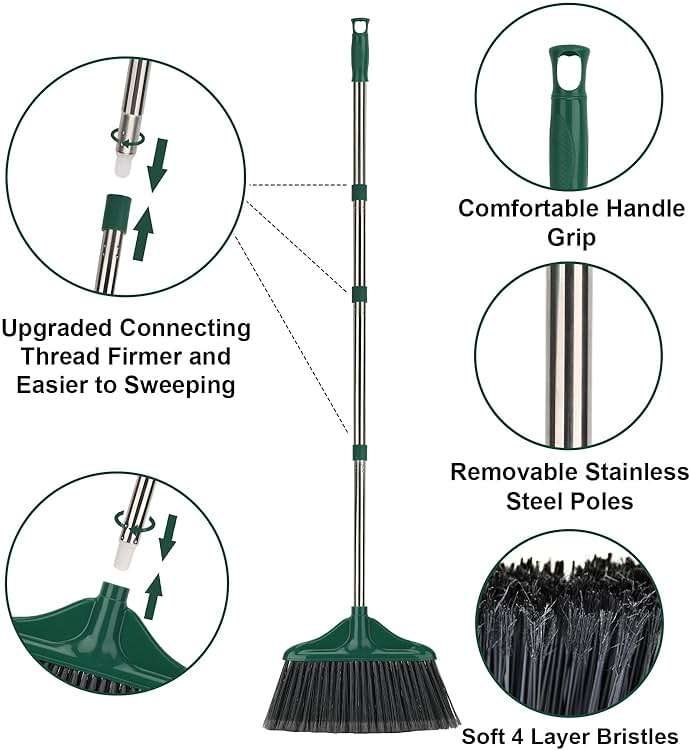 4 PCS Heavy Duty Broom Outdoor/Indoor Commercial Broom with 61" Long Handle,Perfect for Home Garage Kitchen Office Lobby Room Floor,Black and Green - Image 6