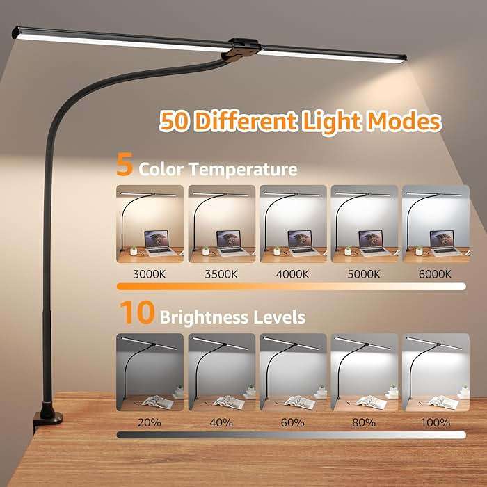 ShineTech LED Desk Lamp for Home Office, Ultra Bright Clamp Light with Flexible Gooseneck, 25 Lighting Modes, Eye-Caring Architect Lamp for Dual Monitors, Reading & Gaming Setup - Image 2