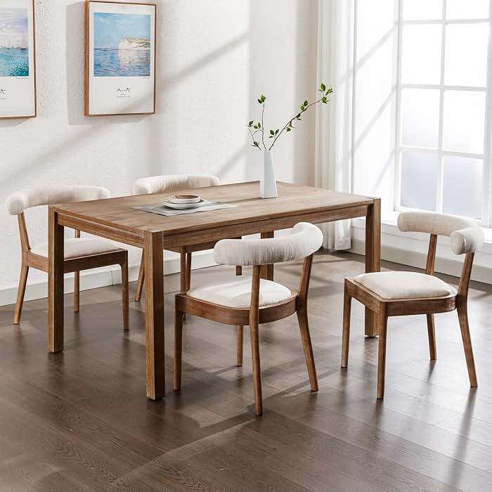 Kmax Dining Room Chairs Mid-Century Modern Fabric Kitchen Chairs with Natural Walnut Finished Frame, Linen Curved Back, Set of 4, Beige - Image 1