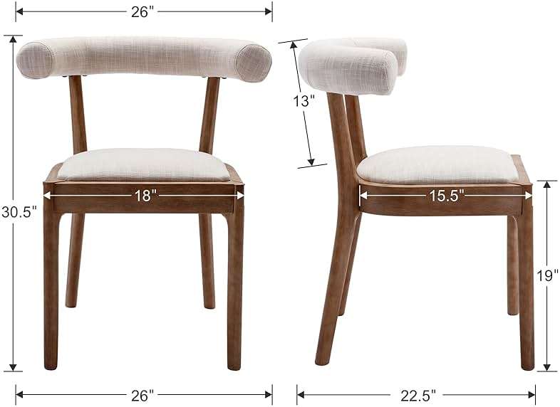 Kmax Dining Room Chairs Mid-Century Modern Fabric Kitchen Chairs with Natural Walnut Finished Frame, Linen Curved Back, Set of 4, Beige - Image 2
