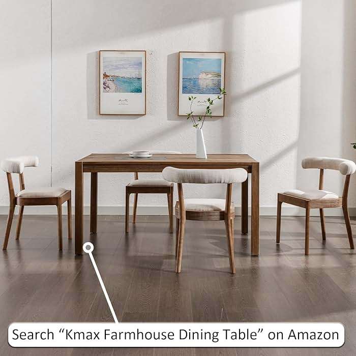 Kmax Dining Room Chairs Mid-Century Modern Fabric Kitchen Chairs with Natural Walnut Finished Frame, Linen Curved Back, Set of 4, Beige - Image 3