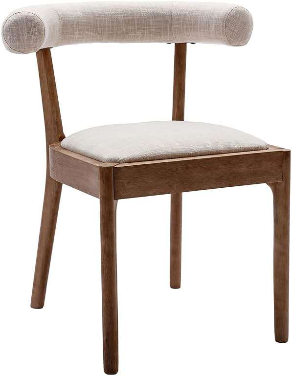 Kmax Dining Room Chairs Mid-Century Modern Fabric Kitchen Chairs with Natural Walnut Finished Frame, Linen Curved Back, Set of 4, Beige - Image 4