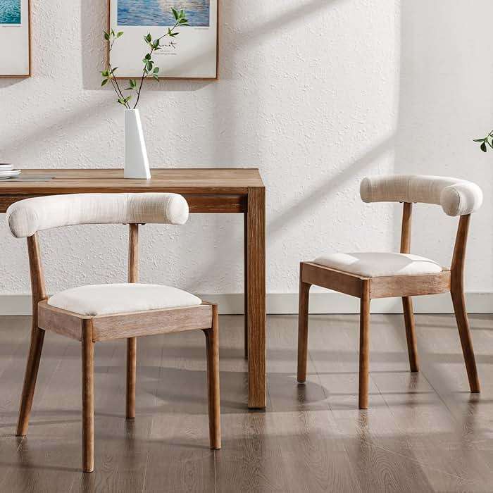 Kmax Dining Room Chairs Mid-Century Modern Fabric Kitchen Chairs with Natural Walnut Finished Frame, Linen Curved Back, Set of 4, Beige - Image 6