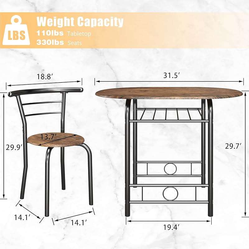 JUMMICO 3-Piece Wooden Round Table & Chair Set, Space Saving Kitchen Breakfast Nook Wood Grain Tabletop with Metal Frame and Built-in Wine Rack for Kitchen, Dining Room (Brown/Black) - Image 3