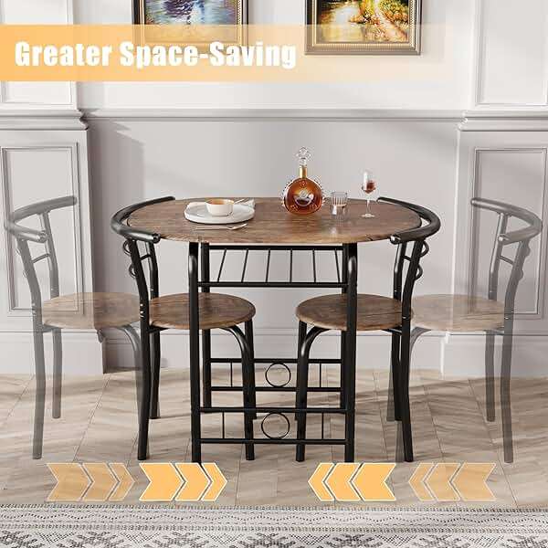 JUMMICO 3-Piece Wooden Round Table & Chair Set, Space Saving Kitchen Breakfast Nook Wood Grain Tabletop with Metal Frame and Built-in Wine Rack for Kitchen, Dining Room (Brown/Black) - Image 4