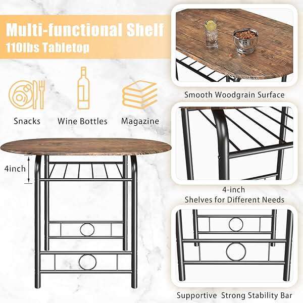 JUMMICO 3-Piece Wooden Round Table & Chair Set, Space Saving Kitchen Breakfast Nook Wood Grain Tabletop with Metal Frame and Built-in Wine Rack for Kitchen, Dining Room (Brown/Black) - Image 5