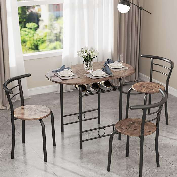 JUMMICO 3-Piece Wooden Round Table & Chair Set, Space Saving Kitchen Breakfast Nook Wood Grain Tabletop with Metal Frame and Built-in Wine Rack for Kitchen, Dining Room (Brown/Black) - Image 7