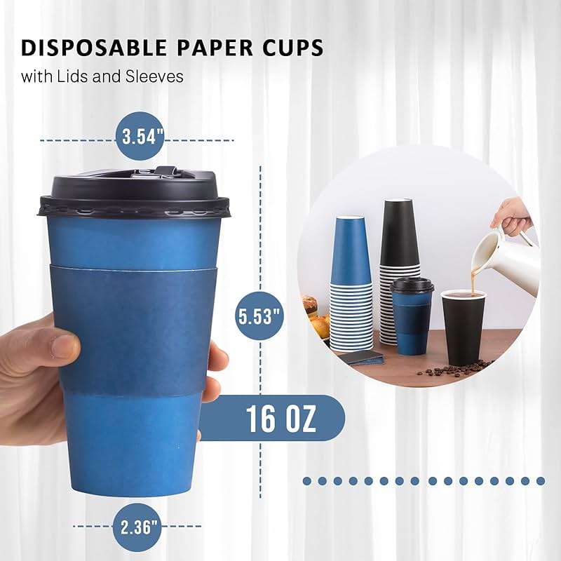 SIUQ 100 Pack 16 oz Disposable Coffee Cups with Lids and Sleeves, To Go Paper Cups, Hot & Cold Drinking Cups for Tea, Coffee, Water, Hot Chocolate, Paper Coffee Cups Ideal for Home,Cafes,Store - Image 3