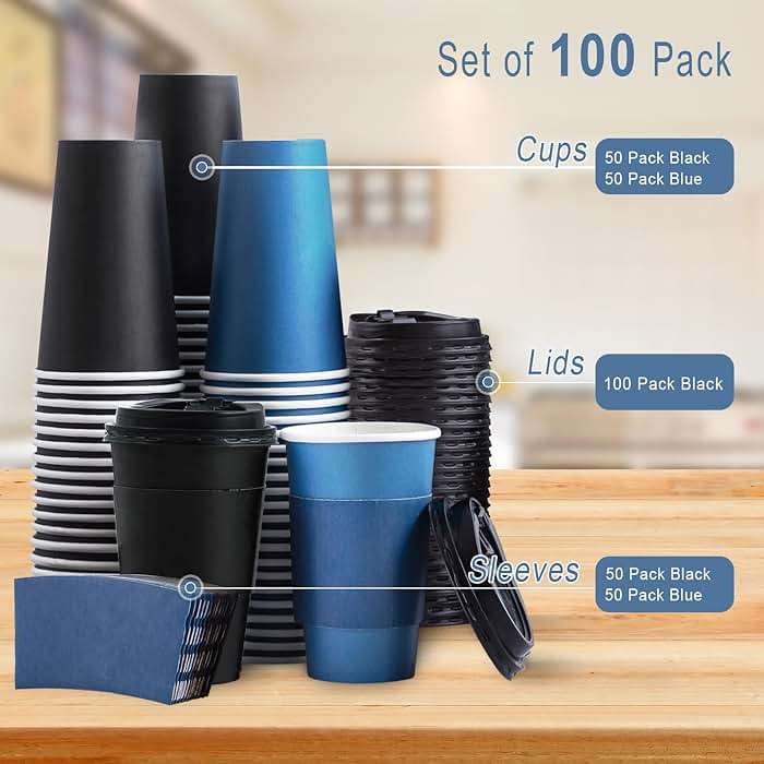 SIUQ 100 Pack 16 oz Disposable Coffee Cups with Lids and Sleeves, To Go Paper Cups, Hot & Cold Drinking Cups for Tea, Coffee, Water, Hot Chocolate, Paper Coffee Cups Ideal for Home,Cafes,Store - Image 7