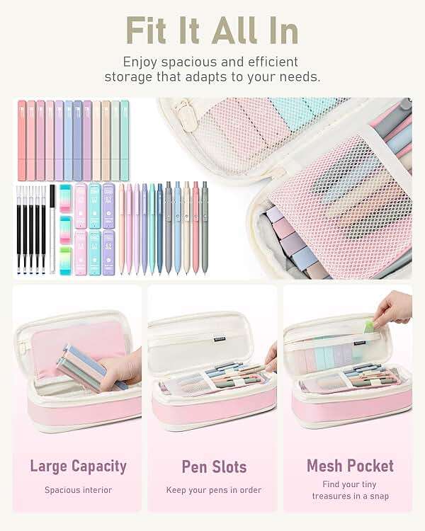 Four Candies 39 PCS Aesthetic Stationery Set with Organizer, College Supplies and Nursing Essentials, 12 Pastel Highlighters, 5 Black Gel Pens, 6 Mechanical Pencils, Pink - Image 2