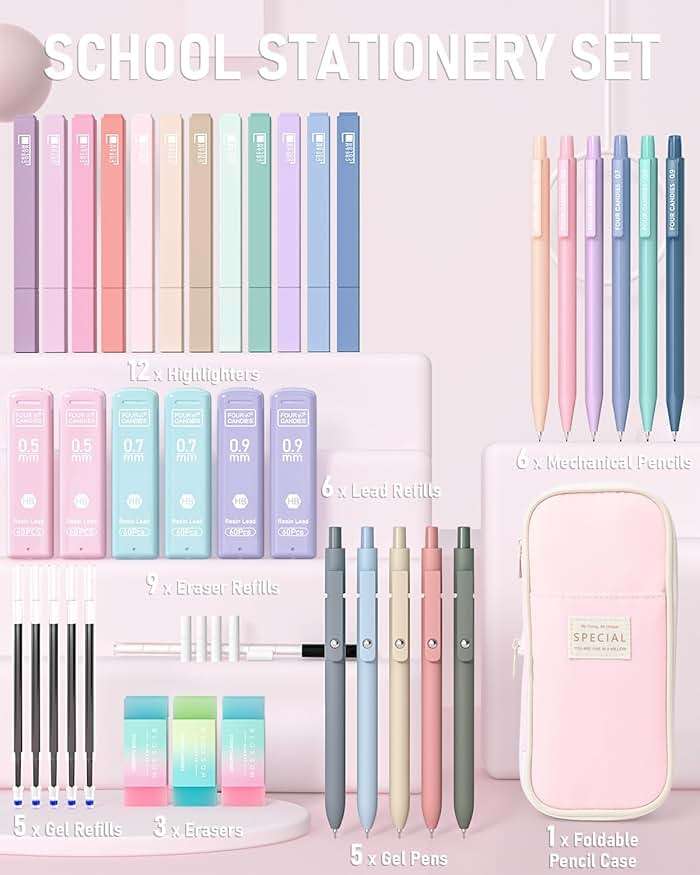 Four Candies 39 PCS Aesthetic Stationery Set with Organizer, College Supplies and Nursing Essentials, 12 Pastel Highlighters, 5 Black Gel Pens, 6 Mechanical Pencils, Pink - Image 6