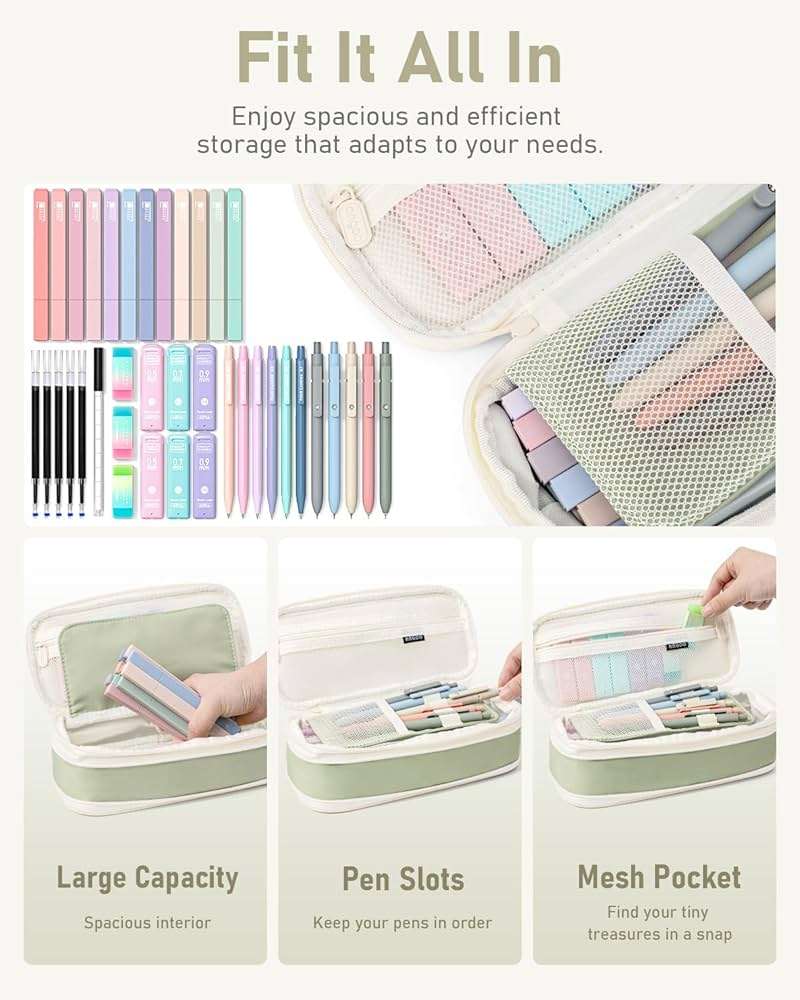 Four Candies 39 PCS Aesthetic Stationery Set with Cute Pen Case, College Supplies and Nursing Student Essentials, 12 Pastel Highlighters, 5 Black Gel Pens, 6 Mechanical Pencils, Green - Image 2