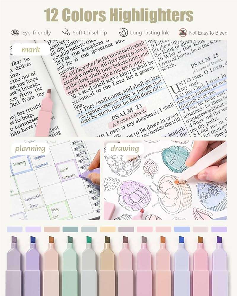 Four Candies 39 PCS Aesthetic Stationery Set with Cute Pen Case, College Supplies and Nursing Student Essentials, 12 Pastel Highlighters, 5 Black Gel Pens, 6 Mechanical Pencils, Green - Image 4