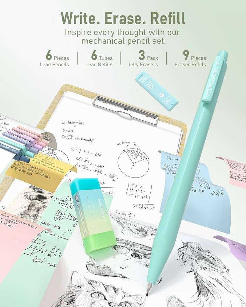 Four Candies 39 PCS Aesthetic Stationery Set with Cute Pen Case, College Supplies and Nursing Student Essentials, 12 Pastel Highlighters, 5 Black Gel Pens, 6 Mechanical Pencils, Green - Image 5