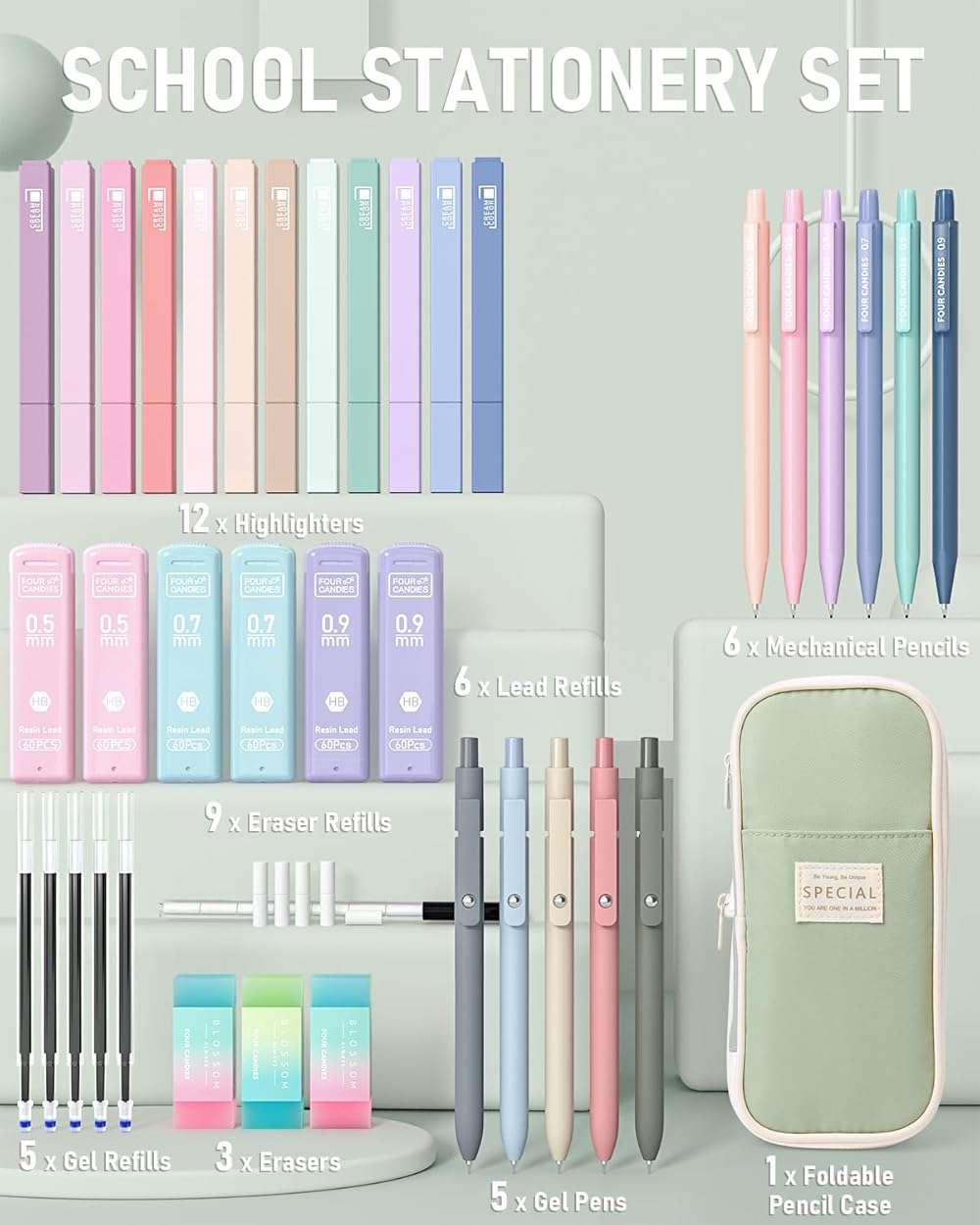 Four Candies 39 PCS Aesthetic Stationery Set with Cute Pen Case, College Supplies and Nursing Student Essentials, 12 Pastel Highlighters, 5 Black Gel Pens, 6 Mechanical Pencils, Green - Image 6