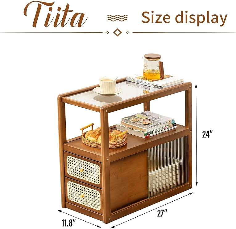Tiita Rattan Nightstand Side Table, Bamboo Accent Bedside Tables, Glass Coffee Tables, Boho Wooden End Table with Storage for Small Space, Living Room and Bedroom - Image 2