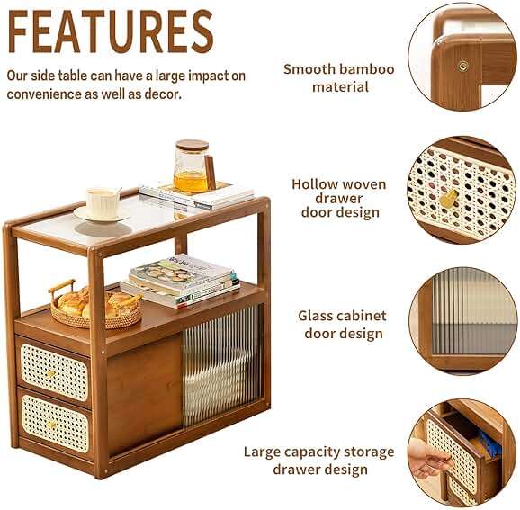 Tiita Rattan Nightstand Side Table, Bamboo Accent Bedside Tables, Glass Coffee Tables, Boho Wooden End Table with Storage for Small Space, Living Room and Bedroom - Image 3