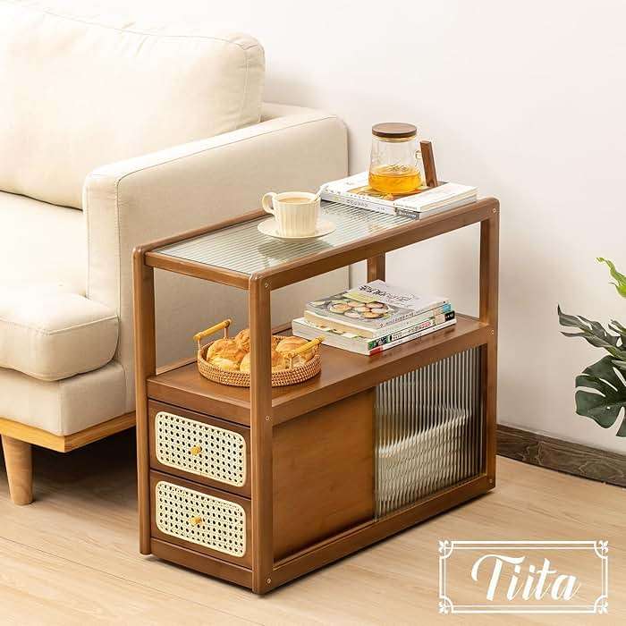 Tiita Rattan Nightstand Side Table, Bamboo Accent Bedside Tables, Glass Coffee Tables, Boho Wooden End Table with Storage for Small Space, Living Room and Bedroom - Image 5