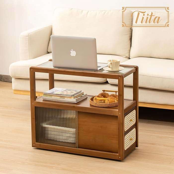 Tiita Rattan Nightstand Side Table, Bamboo Accent Bedside Tables, Glass Coffee Tables, Boho Wooden End Table with Storage for Small Space, Living Room and Bedroom - Image 6