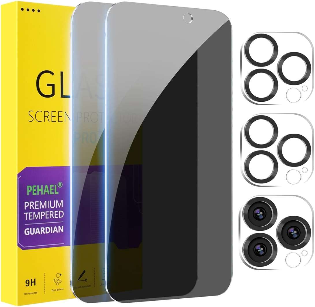 PEHAEL 2+2 Pack for iPhone 15 Pro Max Privacy Screen Protector with Camera Lens Protector Full Coverage Anti-Spy Tempered Glass Film 9H Hardness Easy Installation Bubble Free [6.7 inch] - Image 1