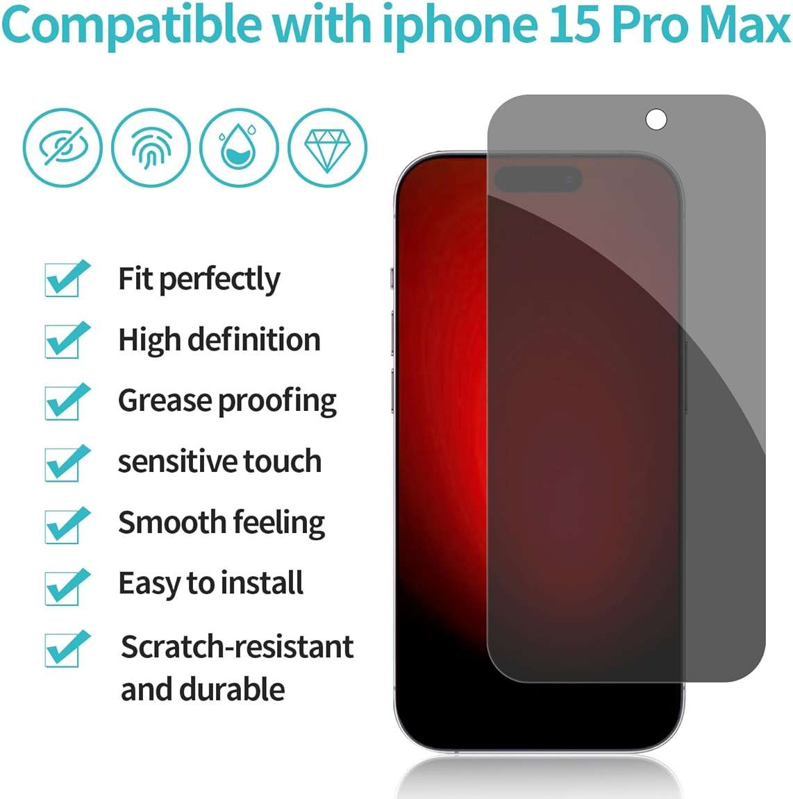 PEHAEL 2+2 Pack for iPhone 15 Pro Max Privacy Screen Protector with Camera Lens Protector Full Coverage Anti-Spy Tempered Glass Film 9H Hardness Easy Installation Bubble Free [6.7 inch] - Image 2