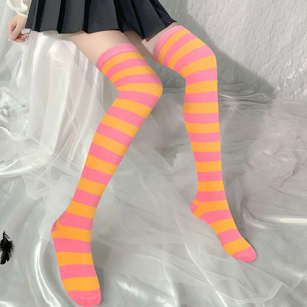 Violet Mist Striped Thigh High Socks Over The Knee High Socks for Women Extra Long Cotton Colorful Boot Novelty Stockings - Image 4