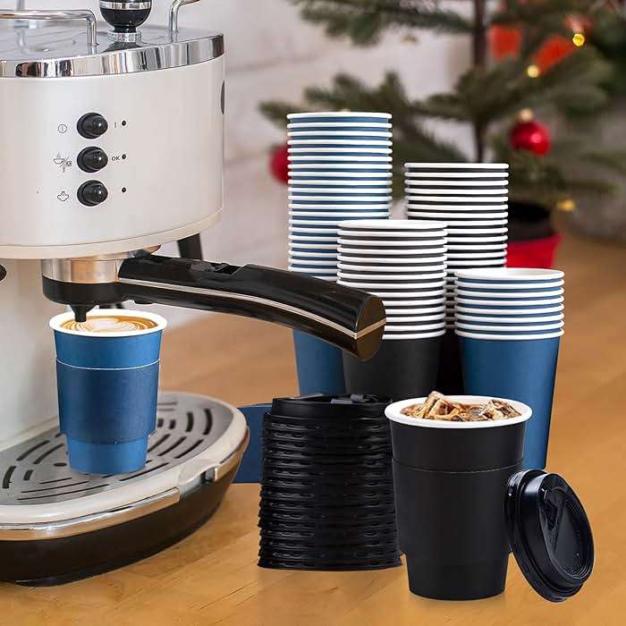 SIUQ 100 Pack 12 oz Disposable Coffee Cups with Lids and Sleeves, Paper Coffee Cups 12 oz, Double Color Blue & Black, To Go Paper Cups for Hot/Cold Drinks, Parties, Travel - Image 2