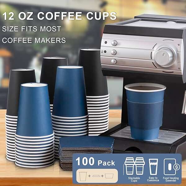 SIUQ 100 Pack 12 oz Disposable Coffee Cups with Lids and Sleeves, Paper Coffee Cups 12 oz, Double Color Blue & Black, To Go Paper Cups for Hot/Cold Drinks, Parties, Travel - Image 3