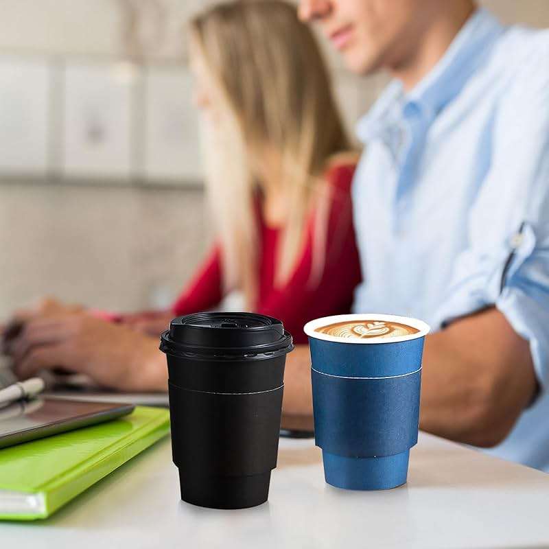 SIUQ 100 Pack 12 oz Disposable Coffee Cups with Lids and Sleeves, Paper Coffee Cups 12 oz, Double Color Blue & Black, To Go Paper Cups for Hot/Cold Drinks, Parties, Travel - Image 4