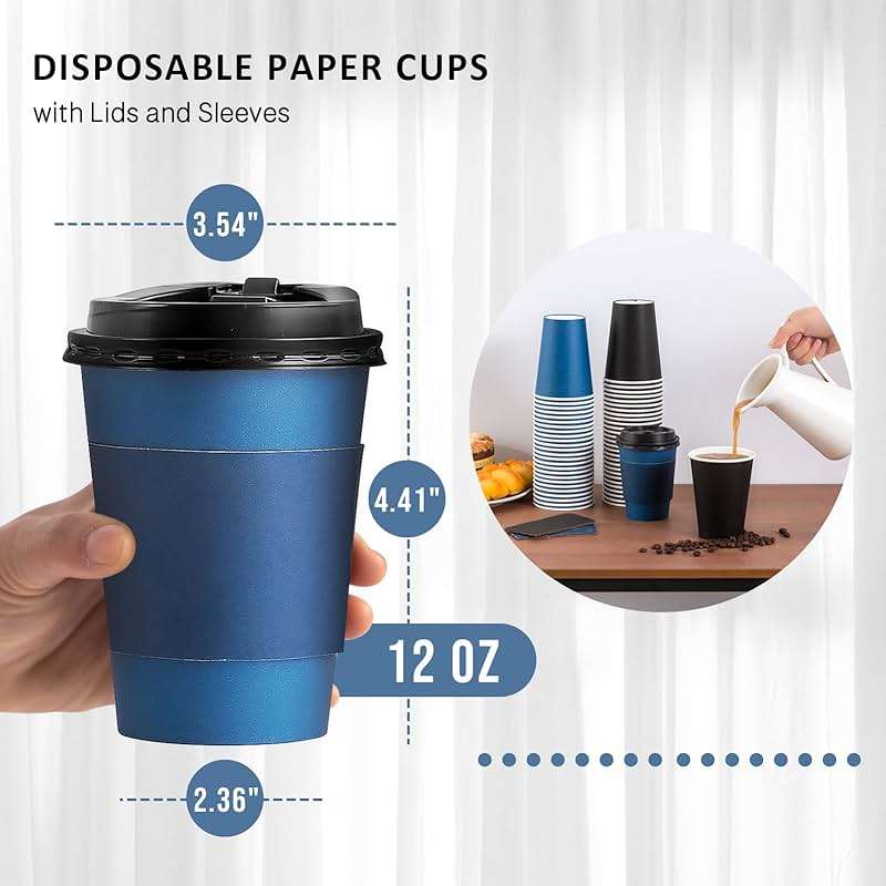 SIUQ 100 Pack 12 oz Disposable Coffee Cups with Lids and Sleeves, Paper Coffee Cups 12 oz, Double Color Blue & Black, To Go Paper Cups for Hot/Cold Drinks, Parties, Travel - Image 5