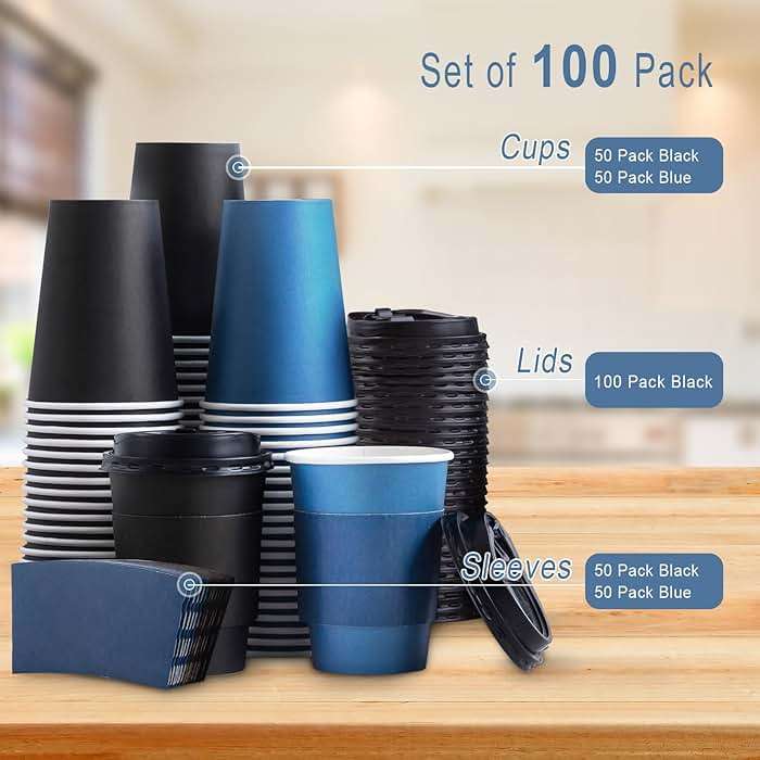 SIUQ 100 Pack 12 oz Disposable Coffee Cups with Lids and Sleeves, Paper Coffee Cups 12 oz, Double Color Blue & Black, To Go Paper Cups for Hot/Cold Drinks, Parties, Travel - Image 8