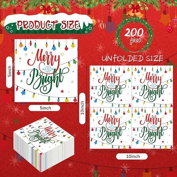 Sherr 200 Packs Christmas Napkins Light Christmas Paper Guest Towels 2 Ply Disposable Bathroom Napkins Decorative Paper Hand Towels for Xmas Winter Holiday Party Supplies (5 x 5 Inch) - Image 2