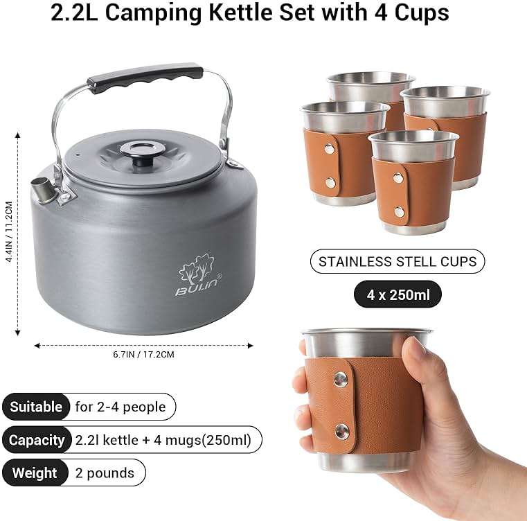 Bulin Camping Kettle, 2.2L Large Portable Stovetop Tea Kettle Fast Heating Boiling Hot Water for Open Fire Lightweight Coffee Pot with 4 Camping Cups & Anti-scald Sleeves for Outdoor Hiking Picnic - Image 2