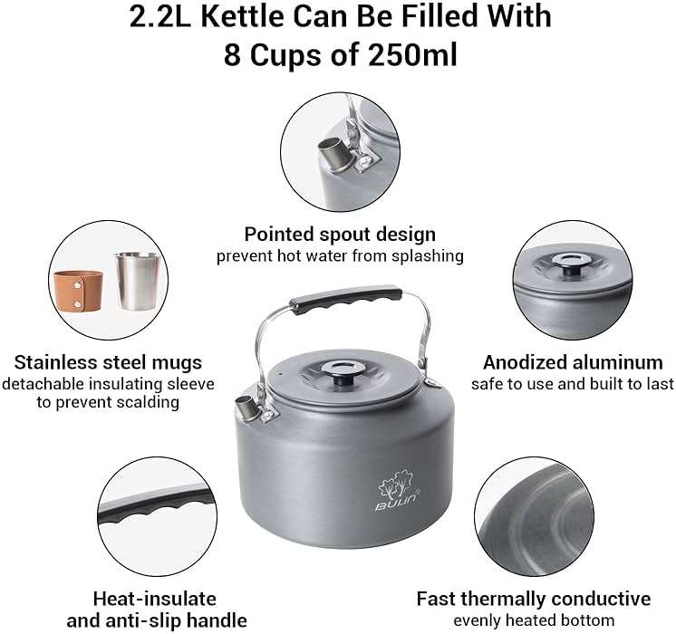 Bulin Camping Kettle, 2.2L Large Portable Stovetop Tea Kettle Fast Heating Boiling Hot Water for Open Fire Lightweight Coffee Pot with 4 Camping Cups & Anti-scald Sleeves for Outdoor Hiking Picnic - Image 3