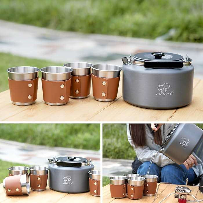 Bulin Camping Kettle, 2.2L Large Portable Stovetop Tea Kettle Fast Heating Boiling Hot Water for Open Fire Lightweight Coffee Pot with 4 Camping Cups & Anti-scald Sleeves for Outdoor Hiking Picnic - Image 5