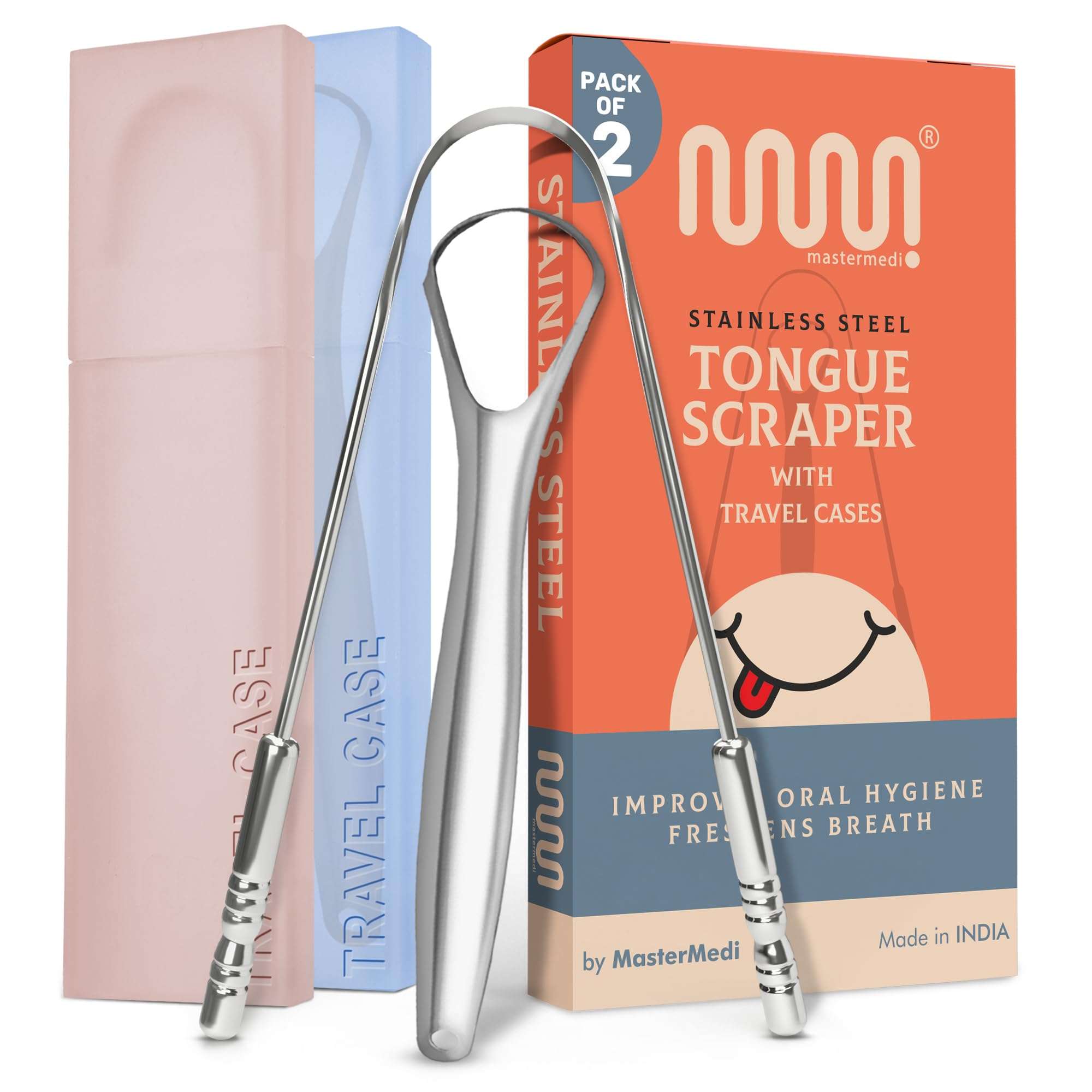 MasterMedi Tongue Scraper with Multicolor Cases (2 Pack), 100% Stainless Steel, Reduce Bad Breath, Easy to Use Tongue Scraper for Adults, Tongue Cleaner for Oral Care & Hygiene - Image 1