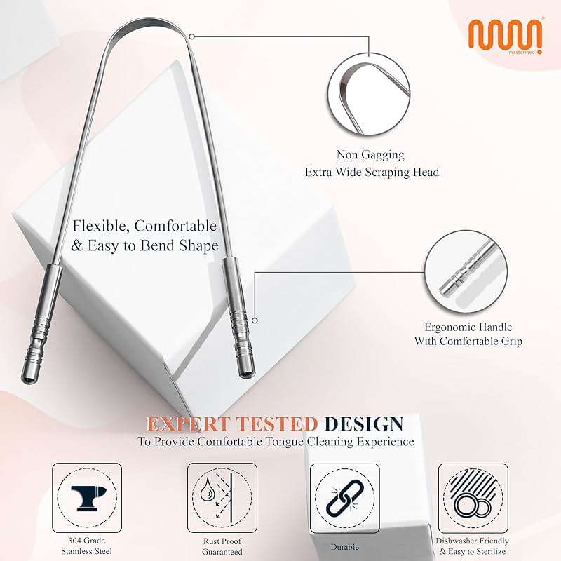 MasterMedi Tongue Scraper with Multicolor Cases (2 Pack), 100% Stainless Steel, Reduce Bad Breath, Easy to Use Tongue Scraper for Adults, Tongue Cleaner for Oral Care & Hygiene - Image 4