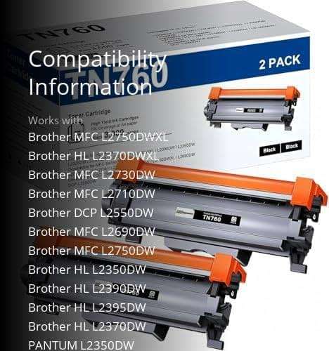 TN760 Toner for Brother Printer 2 Pack Replacement for Brother TN760 TN-760 TN730 TN-730 Black for HL-L2350DW HL-L2370DW HL-L2395DW HL-L2390DW MFC-L2690DW MFC-L2750DW MFC-L2710DW DCP-L2550DW Printer - Image 3