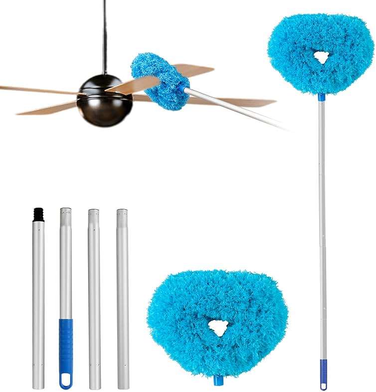 Ceiling Fan Cleaner Duster Reusable Microfiber Ceiling Fan Blade Cleaner Removable Duster with Extension Pole Adjusts 13 to 49.7 Inch for Cleaning Walls Bookshelves Furniture Door Window Top (Blue) - Image 1