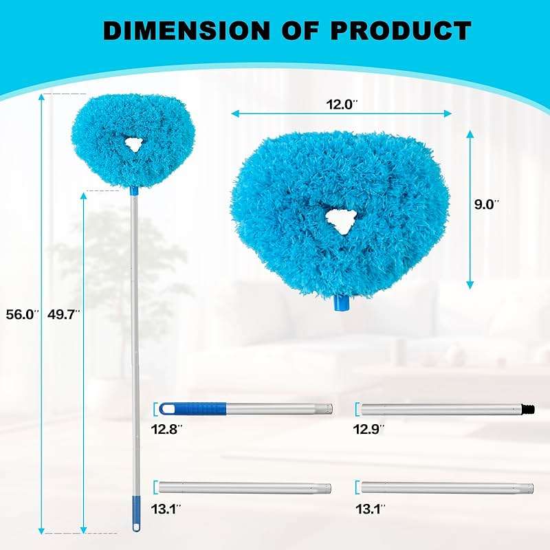 Ceiling Fan Cleaner Duster Reusable Microfiber Ceiling Fan Blade Cleaner Removable Duster with Extension Pole Adjusts 13 to 49.7 Inch for Cleaning Walls Bookshelves Furniture Door Window Top (Blue) - Image 2