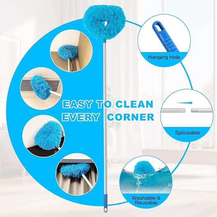 Ceiling Fan Cleaner Duster Reusable Microfiber Ceiling Fan Blade Cleaner Removable Duster with Extension Pole Adjusts 13 to 49.7 Inch for Cleaning Walls Bookshelves Furniture Door Window Top (Blue) - Image 4
