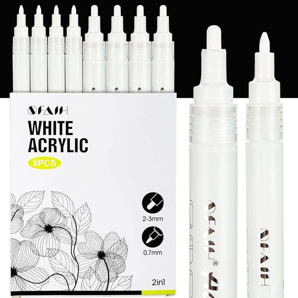 SFAIH Acrylic White Paint Pens - 8 Pack 2-3MM Medium Tip & 0.7MM Extra Fine Paint Marker for Rock Painting, Wood, Metal, Fabric, Plastic, Canvas, Glass, Ceramic, Diy Crafts, White Out Pen - Image 1