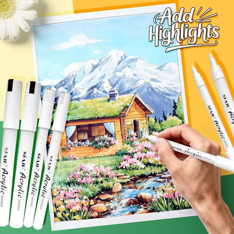 SFAIH Acrylic White Paint Pens - 8 Pack 2-3MM Medium Tip & 0.7MM Extra Fine Paint Marker for Rock Painting, Wood, Metal, Fabric, Plastic, Canvas, Glass, Ceramic, Diy Crafts, White Out Pen - Image 2