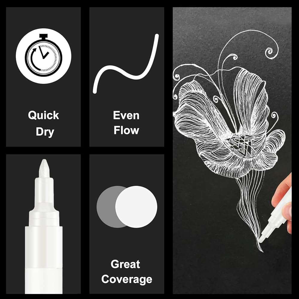 SFAIH Acrylic White Paint Pens - 8 Pack 2-3MM Medium Tip & 0.7MM Extra Fine Paint Marker for Rock Painting, Wood, Metal, Fabric, Plastic, Canvas, Glass, Ceramic, Diy Crafts, White Out Pen - Image 6