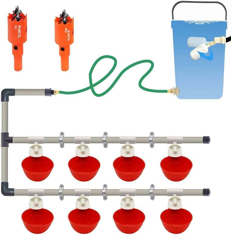Complete Set Pipeline Automatic Chicken Watering System, 1/2" PVC Tee Fittings & PVC Pipe & Garden Hose, Chicken Water Cups, Poultry Waterer, Automatic Chicken Waterer, Chicken Nipple Waterer - Image 1