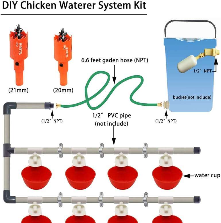 Complete Set Pipeline Automatic Chicken Watering System, 1/2" PVC Tee Fittings & PVC Pipe & Garden Hose, Chicken Water Cups, Poultry Waterer, Automatic Chicken Waterer, Chicken Nipple Waterer - Image 5
