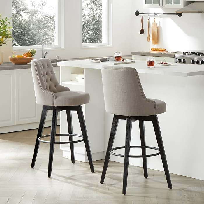 Watson & Whitely Bar Stools, 360° Swivel Upholstered Bar Stool with Back, 30" H Bar Height Barstools, Set of 2, Performance Fabric in Tan - Image 2