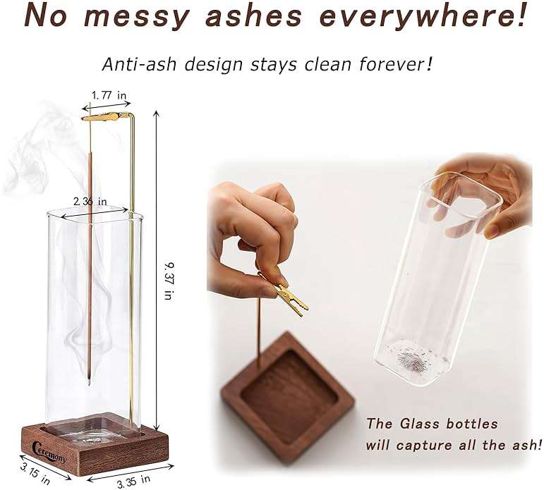 Ceremony Incense Holder, Wooden Incense Holder for Sticks with Glass Ash Catcher, Anti-ash Incense Burner with 20 Incense Sticks and a Ash Brush for Meditation Yoga Spa Room Decor - Image 3